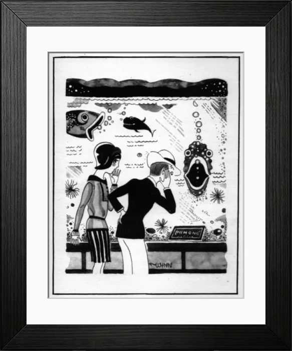 Framed Print : Sketch of couple looking at fish tank, 1920s Framed Print : Sketch of couple looking at fish tank, 1920s