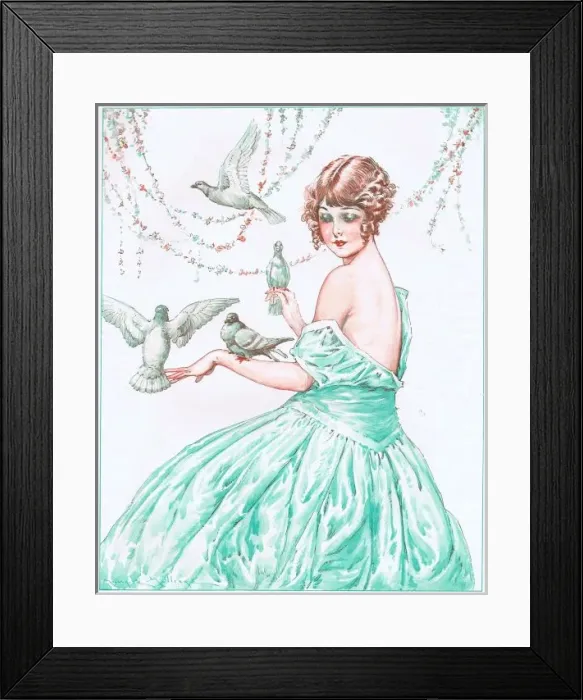 Framed Print : Art deco illustration of girl with pigeons and doves, 1929 Framed Print : Art deco illustration of girl with pigeons and doves, 1929