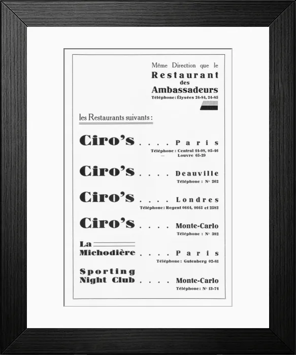 Framed Print : Advert for Ciros restaurant chain, 1930 Framed Print : Advert for Ciros restaurant chain, 1930