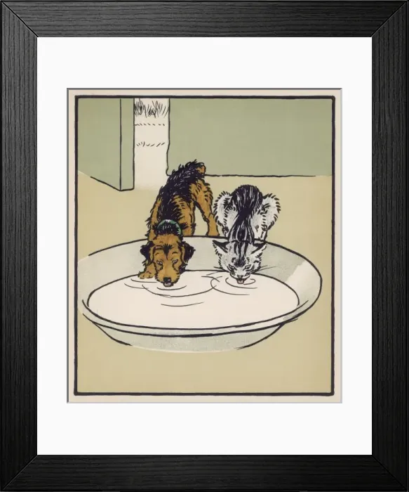 Framed Print : Dog and Cat Drink Milk Framed Print : Dog and Cat Drink Milk