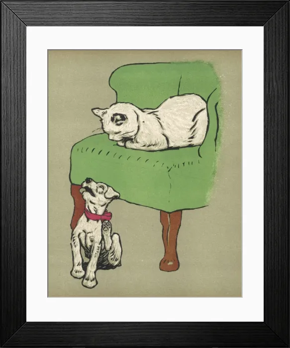 Framed Print : White Puppy and Cat 1909 Framed Print : White Puppy and Cat 1909