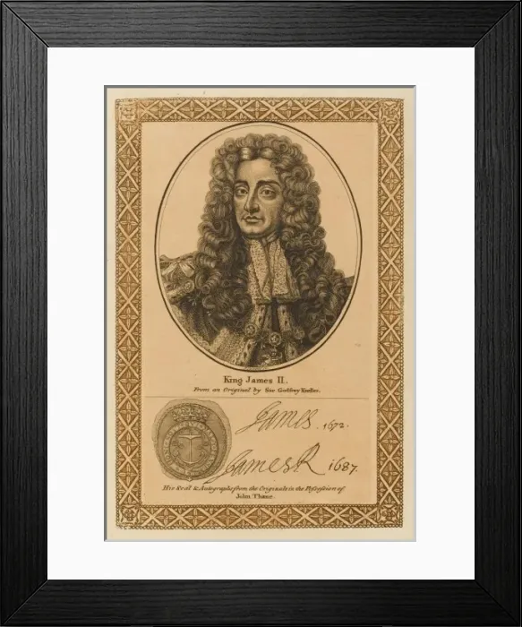 Framed Print : JAMES II not one of the finest ornaments of the British monarchy with his autograph Framed Print : JAMES II not one of the finest ornaments of the British monarchy with his autograph