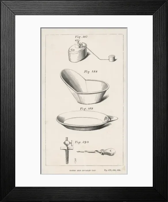 Framed Print : BATHS. A selection of baths, including a hip bath Framed Print : BATHS. A selection of baths, including a hip bath