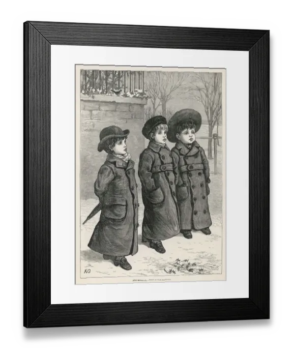 Framed Print : 3 Becoated Boys in Snow Framed Print : 3 Becoated Boys in Snow