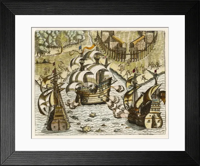Framed Print : Spanish Galleons Firing Framed Print : Spanish Galleons Firing