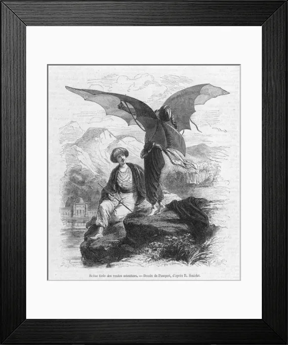 Framed Print : The mechanist tries to use his wings to fly Framed Print : The mechanist tries to use his wings to fly