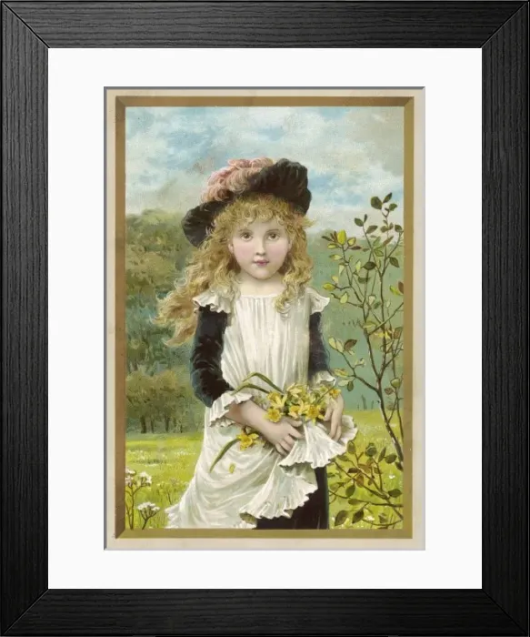 Framed Print : Girl Picks Flowers C1890 Framed Print : Girl Picks Flowers C1890