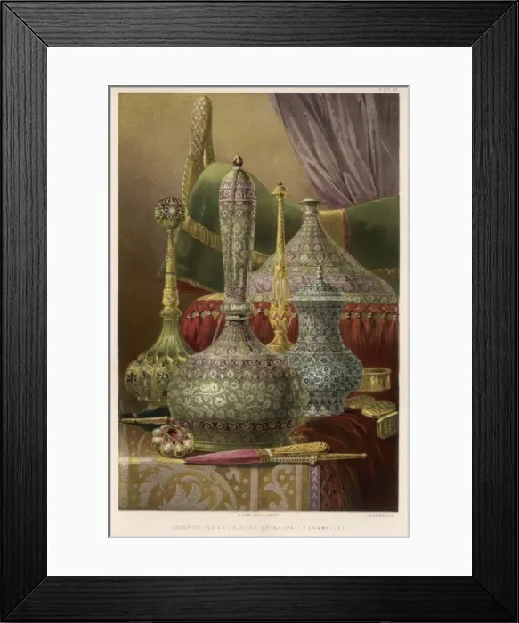 Framed Print : A group of various items from India, principally enamelled, including vases and boxes Framed Print : A group of various items from India, principally enamelled, including vases and boxes