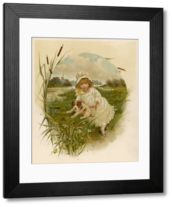 Framed Print : Girl and Pup by River Framed Print : Girl and Pup by River