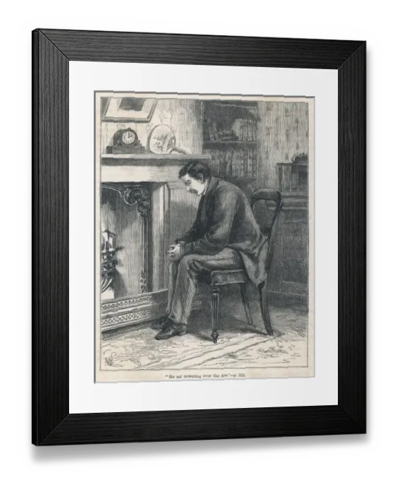 Framed Print : Man Cowering by Fireside Framed Print : Man Cowering by Fireside