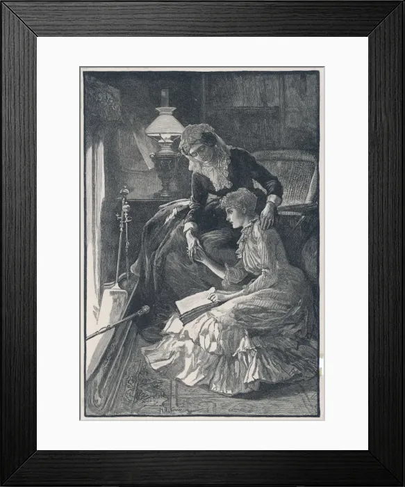 Framed Print : Two Women Read by Fire Framed Print : Two Women Read by Fire