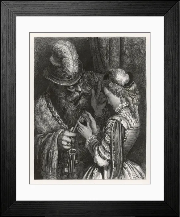 Framed Print : Bluebeard warns her about the key to the room she is forbidden to enter Framed Print : Bluebeard warns her about the key to the room she is forbidden to enter
