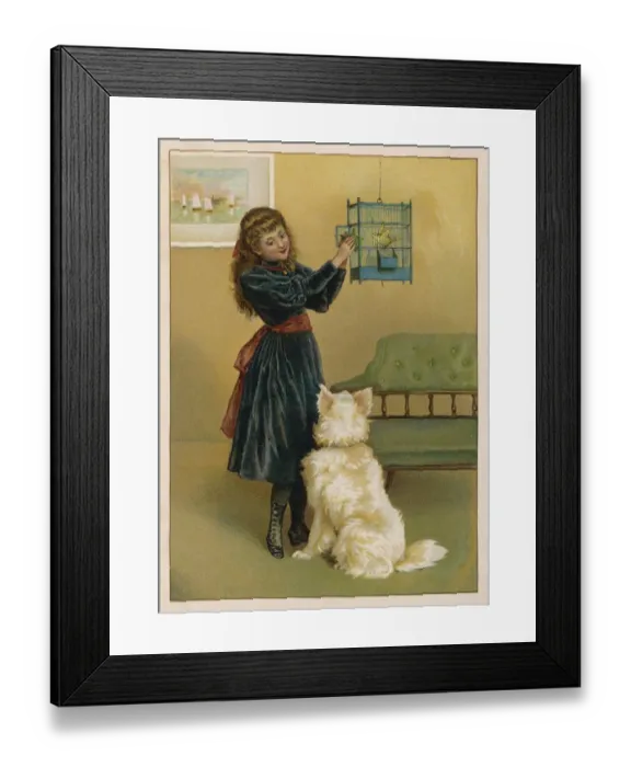 Framed Print : Girl with Bird and Dog Framed Print : Girl with Bird and Dog