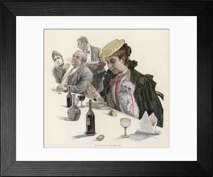 Framed Print : Woman and Kitten at Meal Framed Print : Woman and Kitten at Meal