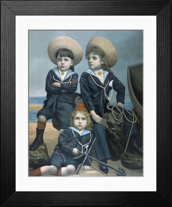 Framed Print : Three boys in sailor suits on beach Framed Print : Three boys in sailor suits on beach