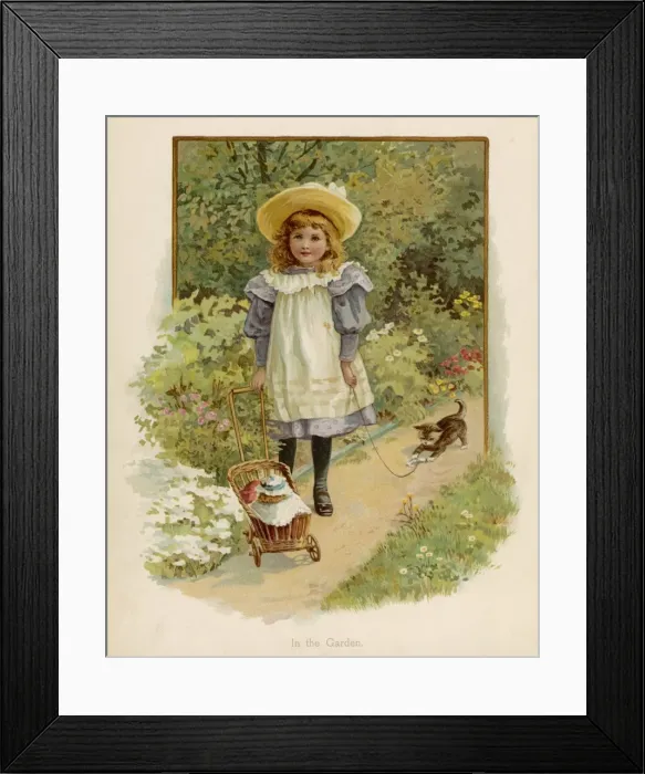 Framed Print : Girl / Doll / Kitten / Garden Framed Print : Girl / Doll / Kitten / Garden