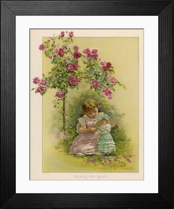 Framed Print : Girl and Doll in Garden Framed Print : Girl and Doll in Garden