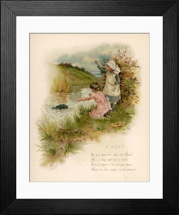 Framed Print : Girls and Dog / Stream Framed Print : Girls and Dog / Stream