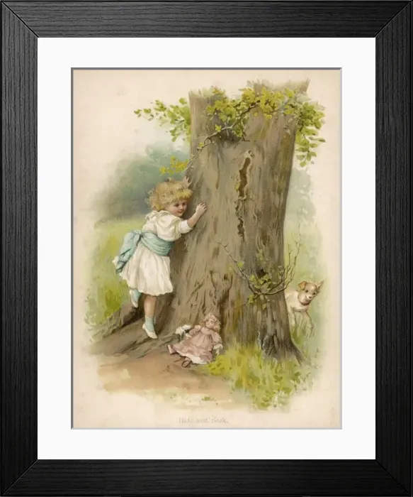 Framed Print : Little girl playing hide and seek with doll and dog Framed Print : Little girl playing hide and seek with doll and dog