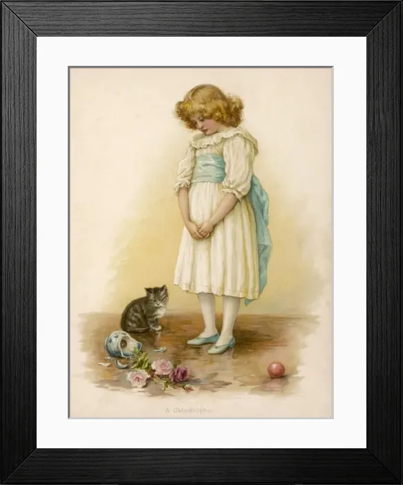 Framed Print : Girl / Cat / Broken Jar Framed Print : Girl / Cat / Broken Jar