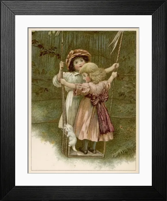 Framed Print : Girls Swing with Cat Framed Print : Girls Swing with Cat