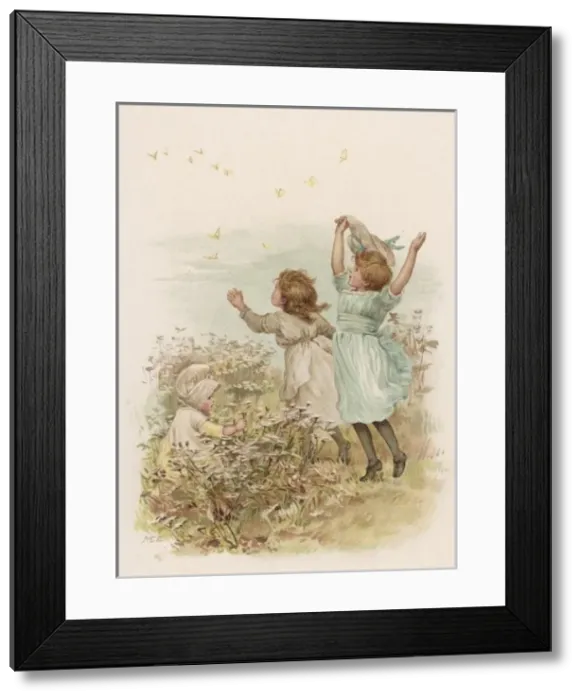 Framed Print : Girls Chase Butterflies Framed Print : Girls Chase Butterflies