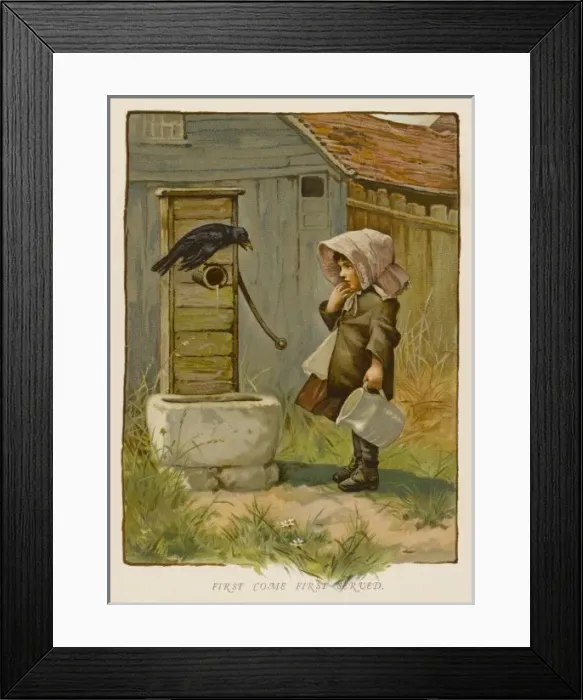 Framed Print : Girl at Pump & Crow 19C Framed Print : Girl at Pump & Crow 19C