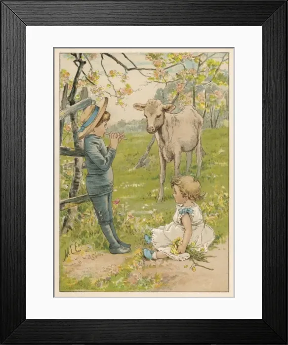 Framed Print : Children with Calf 1880 Framed Print : Children with Calf 1880