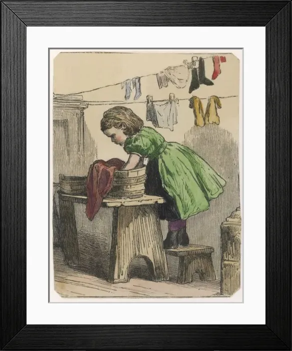 Framed Print : Girl Washes Clothes 1870 Framed Print : Girl Washes Clothes 1870