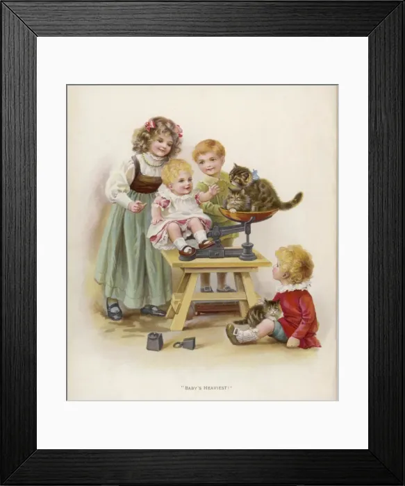 Framed Print : Weighing Baby and Cats