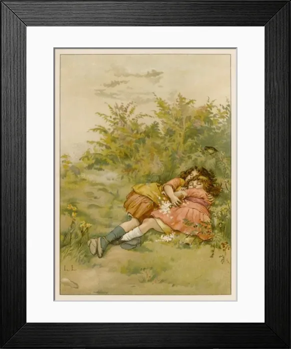Framed Print : Girls Asleep in Meadow Framed Print : Girls Asleep in Meadow