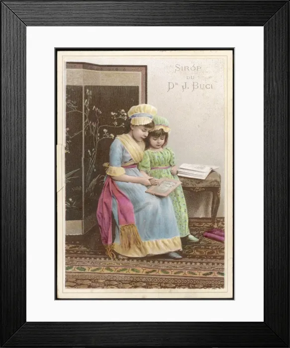 Framed Print : Girls Draw on Slate 19C Framed Print : Girls Draw on Slate 19C