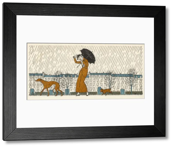 Framed Print : Lady & Dogs in Rain Framed Print : Lady & Dogs in Rain