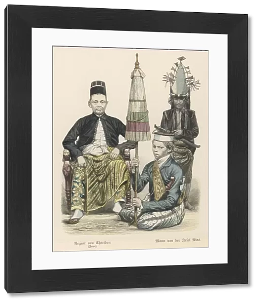 Javanese. Three Indonesian men: a Javanese ruler, his servant with a closed parasol,