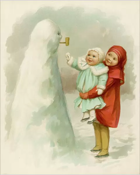 Sister holding up baby to see their snowman
