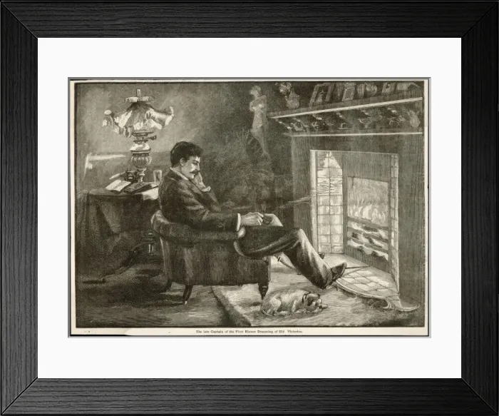 Framed Print : Gent and Dog by a Fire Framed Print : Gent and Dog by a Fire