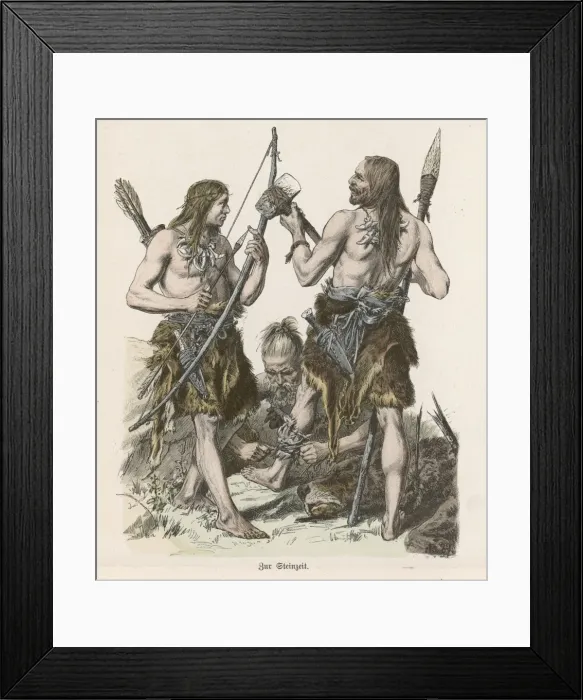 Framed Print : Stone Age men treat their wounds after hunting Framed Print : Stone Age men treat their wounds after hunting