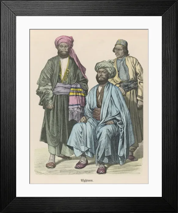 Framed Print : 3 AFGHANS. Three Afghan men in colourful dress Framed Print : 3 AFGHANS. Three Afghan men in colourful dress