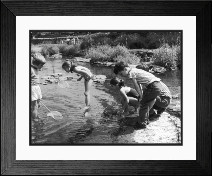 Framed Print : Children Fish in Stream Framed Print : Children Fish in Stream