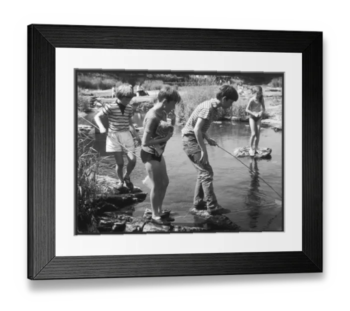 Framed Print : Children Fish in Stream Framed Print : Children Fish in Stream