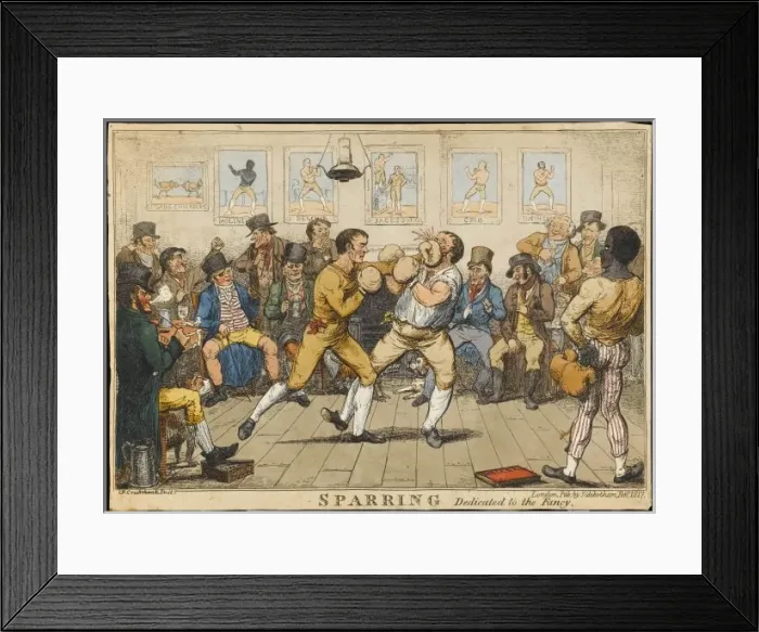 Framed Print : SPARRING. Two pugilists spar as a gathering of men enjoy the action Framed Print : SPARRING. Two pugilists spar as a gathering of men enjoy the action