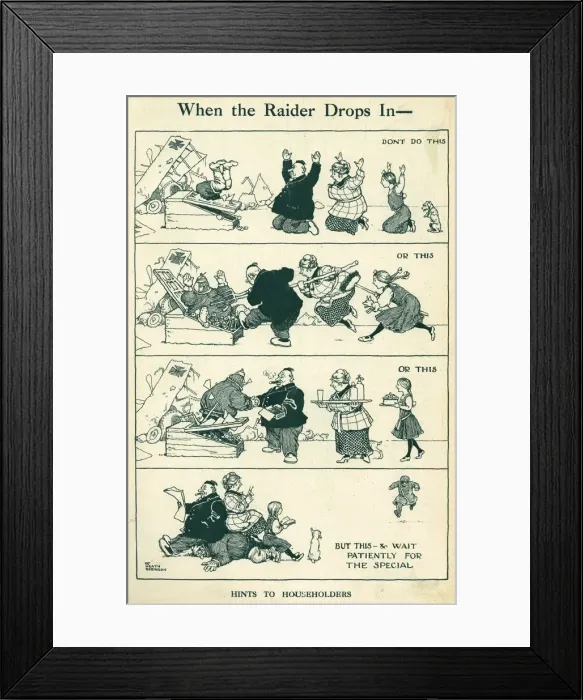 Framed Print : When the Raider Drops in by Heath Robinson Framed Print : When the Raider Drops in by Heath Robinson