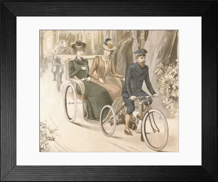 Framed Print : Two women in cycle-drawn carriage Framed Print : Two women in cycle-drawn carriage