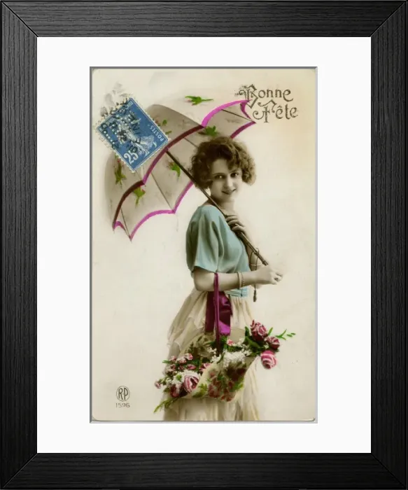 Framed Print : Young woman with a parasol and a basket of flowers Framed Print : Young woman with a parasol and a basket of flowers