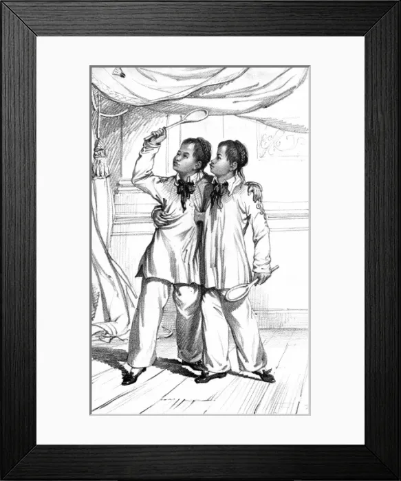 Framed Print : Eng and Chang, Siamese twins, playing shuttlecock Framed Print : Eng and Chang, Siamese twins, playing shuttlecock