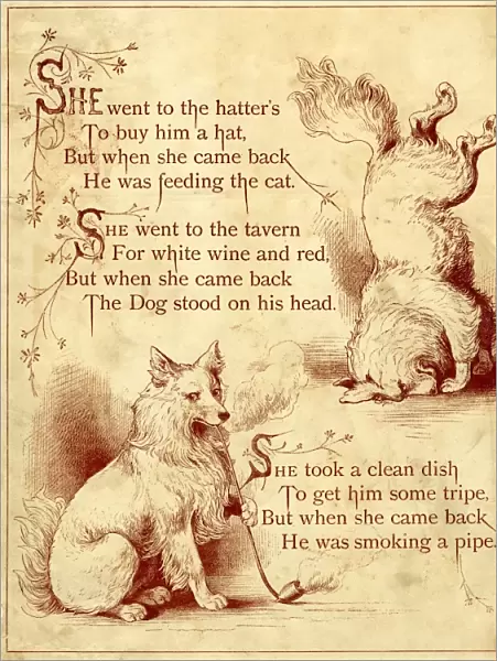 Old mother hubbard: dog standing head and smoking pipe