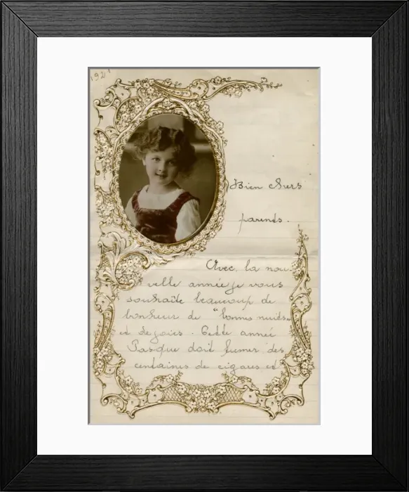 Framed Print : New Years letter with portrait of a little girl Framed Print : New Years letter with portrait of a little girl