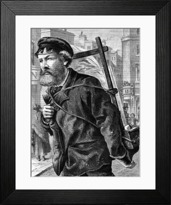Framed Print : GLAZIER. The glazier on his way to install a window-pane Date: 1877 Framed Print : GLAZIER. The glazier on his way to install a window-pane Date: 1877
