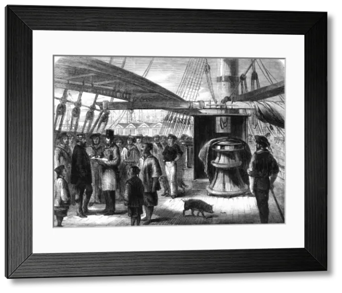 Framed Print : Taking the census on board ship 1861 Framed Print : Taking the census on board ship 1861