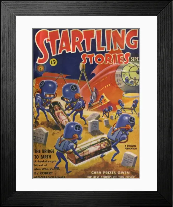 Framed Print : Startling Stories Scifi Magazine Cover, Aliens grave robbing Framed Print : Startling Stories Scifi Magazine Cover, Aliens grave robbing